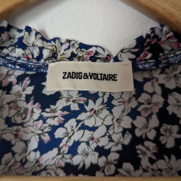 Zadig & Voltaire blue white Begonia floral silk Relic black lace trim maxi dress - Picture 3 of 7